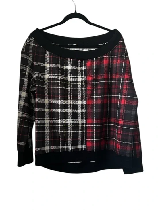 Alice + Olivia Natalie Mix Plaid Off The Shoulder Sweatshirt - Picture 2 of 12